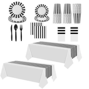 Imagem de Remagr Conjunto de louça descartável preto e branco, 154 peças, preto e branco, suprimentos de festa, toalha de mesa listrada, preto e branco, pratos, copos, guardanapos, facas, garfos, colheres