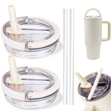 Imagem de Pacote com 2 tampas de copo de substituição de 1,134 g para Stanley Quencher, tampas de copo resistentes a respingos à prova de vazamento com alça, tampa reutilizável para copo Stanley (branco creme)