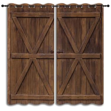Imagem de PYMATYTN Cortinas blackout rústicas para porta de celeiro para quarto de menino e menina, cortinas de janela de casa de fazenda de madeira marrom com isolamento térmico para escurecimento da sala de