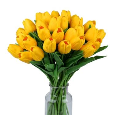 Imagem de SITUMEIZI Tulipas falsas flores artificiais toque real amarelo 35,5 cm 15 peças flor de seda para decoração de casa buquê de casamento decorações arranjos florais