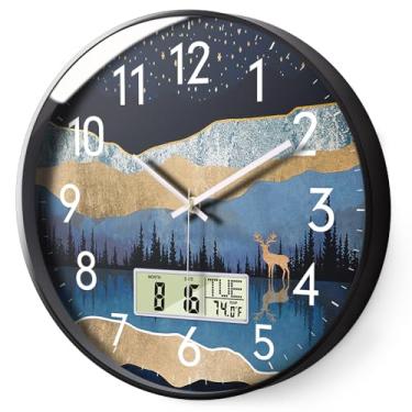 Imagem de Relógio de parede moderno silencioso sem tique-taque operado por bateria com visor LCD para calendário e temperatura relógio de parede digital alce decoração sala de estar casa cozinha escritório