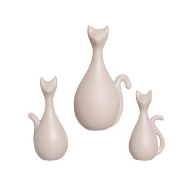 Imagem de Estatueta Família de Gatos em Cerâmica Decorativo Home Capuccino Fosco
