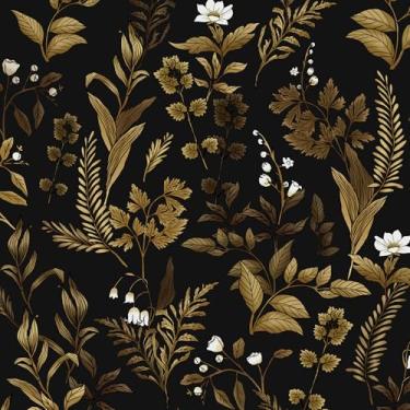 Imagem de VOLEAAR Papel de parede floral escuro descascar e colar, padrão de folha vintage preto dourado autoadesivo papel de parede removível para armário de quarto cozinha, papel de contato moderno de vinil