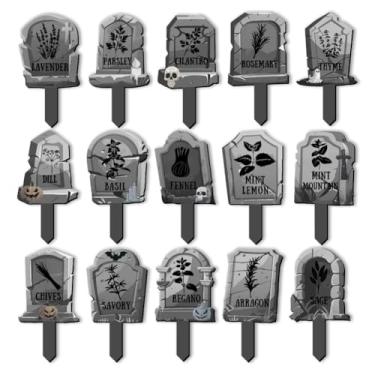 Imagem de arricraft 15 peças de etiqueta de nome de planta em forma de lápide, tema de Halloween, marcadores de plantas de madeira, tomilho, alecrim, endro, manjericão, erva, planta, letreiro para sementes,