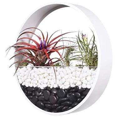 Imagem de Ecosides Vaso suspenso redondo de parede interna, suporte independente decorativo de metal com vidro para plantas aéreas, flor sintética, conjunto de 3 (branco)