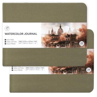 Imagem de Lightwish Caderno de desenho em aquarela, 100% algodão, material de arte prensado a frio, diário de papel aquarela, 9 x 13 cm, pacote com 2 40 folhas (63,5 kg/300 gsm), sem ácido para aquarelas,