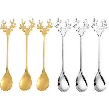 Imagem de Conjunto de colheres de café 6PCS Colheres de chá de aço inoxidável Colheres mexedoras, Colher de sobremesa, Colher de geladeira com cabo de rena para mexer nas decorações de Natal (Prata + Ouro)
