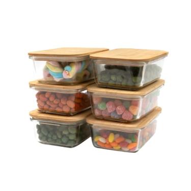 Imagem de kit 6 potes de vidro 800ml com tampa bambu hermético retangulares - Tud