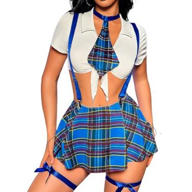 Imagem de ShawGobow 5 peças de fantasias de cosplay para mulheres, roupas de lingerie de Halloween, conjunto de blusa cropped de gravata e saia xadrez, Azul-celeste, GG