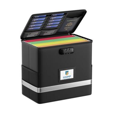 Imagem de ZOOPIP Caixa de arquivos à prova de fogo com fechadura, organizador de armazenamento de documentos, adequada para pendurar pastas de arquivos em tamanho carta, caixa de arquivo dobrável, tira