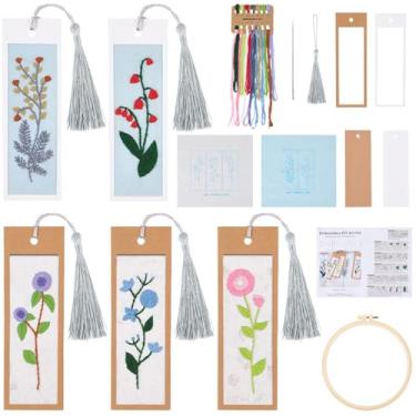Imagem de SUNNYCLUE 5 conjuntos DIY kits de marcadores de página de bordado instruções incluídas ponto cruz marcador floral planta flor borla marcadores de livro kits de ponto cruz para iniciantes adultos