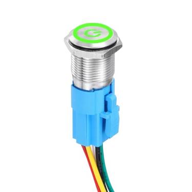 Imagem de DMiotech 2 peças interruptor de botão de travamento de aço inoxidável de 1,27 cm 4 pinos 1NO 3A 12-24V botão plano prata lâmpada botão verde com plugue soquete com fio para sistemas de barcos de carro