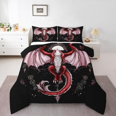 Imagem de Feelyou Jogo de cama com dragão do oeste, dragão vermelho, sol e lua, conjunto de edredom para mulheres e homens, dragões ocidentais, tamanho casal, com 2 fronhas