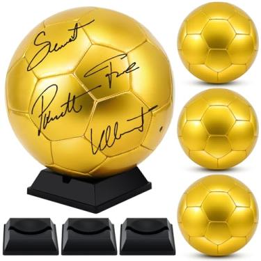 Imagem de Hiboom 4 peças de bola de futebol autografada dourada com suporte de exibição bomba de ar para troféus, aniversário, ensino médio, faculdade, treinador, presente, festa de campeonato (tamanho 9)