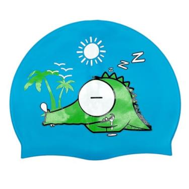 Imagem de Touca de natação infantil Touca de natação com estampa de silicone dos desenhos animados (Dinossauro Azul)