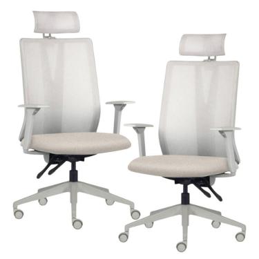 Imagem de Kit 2 Cadeiras Escritório Giratória Presidente Flow F02 Base Cinza Linho Bege Claro - Lyam Decor