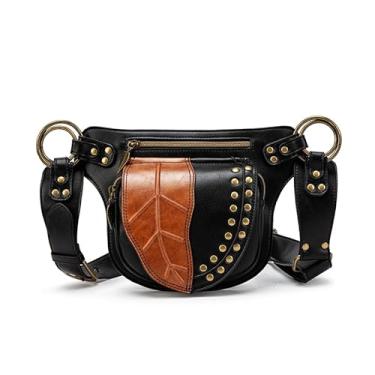 Imagem de SandraWang Bolsa de cintura de couro estilo renascentista com design de folha, pochete retrô com detalhes dourados | verde | vermelho | laranja | café, Marrom, Renascentista