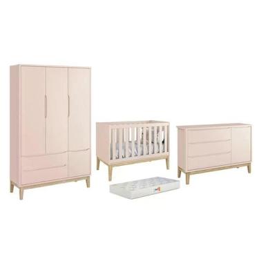 Imagem de Dormitório Classic 3 Portas Rosa com Pés Madeira Natural e Colchão D18