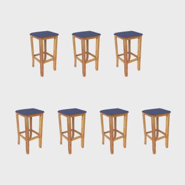 Imagem de Kit 07 Banqueta Alta Cally Gourmet Balcão Bistrô Cozinha Base Madeira Maciça Sintético Azul Marinho - Ahz Móveis
