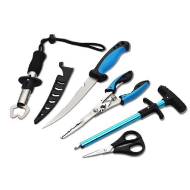 Imagem de JOYOUSLIFE 5 kits de ferramentas de pesca - alicate de pesca, faca de filete com bainha, garra de lábio de peixe de aço inoxidável, removedor de anzol e cortador de linha de tesoura de pesca de cavalo