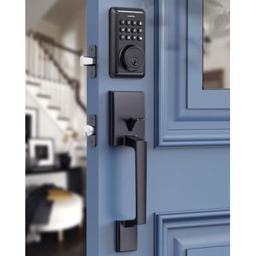 Imagem de Fechadura de porta de entrada sem chave com conjunto de alça - conjunto de fechadura da porta da frente - fechadura de teclado eletrônico - fechadura inteligente - fácil instalação - preto fosco
