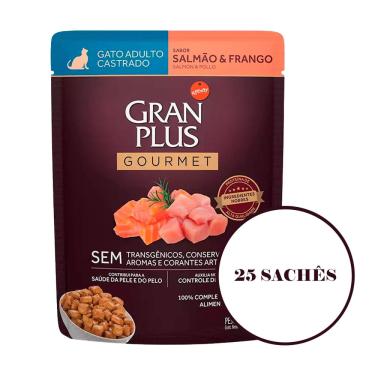 Imagem de Kit 25 Rações Úmidas Gran Plus Sachê Gatos Gourmet Castrados Salmão e Frango 85g
