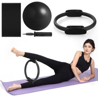 Imagem de Tsikavo Anel de Pilates, círculo de anel de Pilates e conjunto de bola, anel mágico de pilates de 30,5 cm, bola de exercício pequena de 23,8 cm, conjunto de faixas de resistência, equipamento de