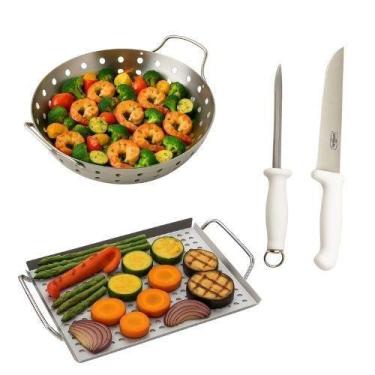 Imagem de Jogo para Churrasco Bandeja Wok Faca e Chaira 4 peças Prana