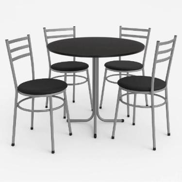 Imagem de Mesa de Jantar Redonda 80cm Preta Com 4 Cadeiras Estofada Cinza - Lama