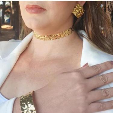 Imagem de  Kit Brinco Gargantilha e Bracelete Martelado Folheado a Ouro 18k - Mi