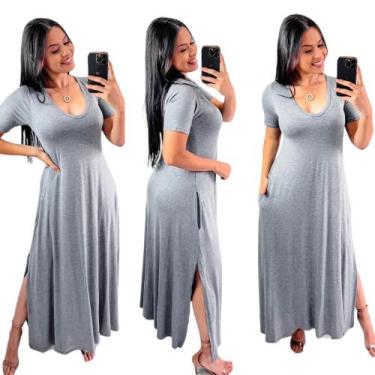Imagem de Vestido longo gola v com fenda lateral - Neide modas, Cinza, G