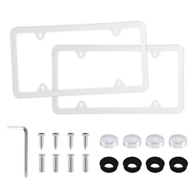 Imagem de Molduras de placa de licença de aço inoxidável com 4 furos da LivTee, 2 peças de capas de placa de licença de carro com design fino e tampas de arruela para veículos dos EUALivTee branco LivTee-PLP-5050-1W