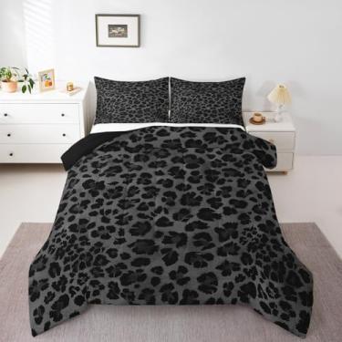 Imagem de Feelyou Jogo de cama de leopardo para crianças, meninos, meninas, preto, cinza, estampa animal, tamanho Queen, guepardo, decoração de quarto, conjunto de edredom safári, 3 peças