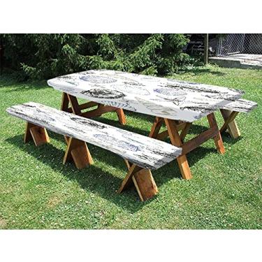 Imagem de Toalha de mesa de piquenique e banco de poliéster Ocean 182,88 cm, tema de estilo marinho, conjunto de 3 peças, perfeita para festas ao ar livre, 32 x 182 polegadas