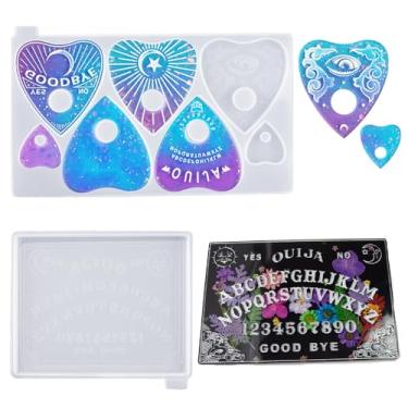 Imagem de iSuperb Pacote com 2 moldes de resina de tabuleiro Ouija, moldes de silicone planchette, para artesanato de joias, jogo de tabuleiro Ouija, pingente DIY, colar, chaveiro, decorações de casa (pacote