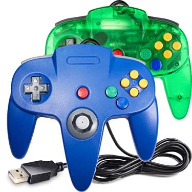 Imagem de Pacote com 2 controles clássicos N64, suily N64 com fio USB PC Game pad Joystick, N64 Bit USB Wired Game Stick Joy pad Controlador para Windows PC MAC Linux Raspberry Pi 3 Sega Genesis (verde claro/azul)