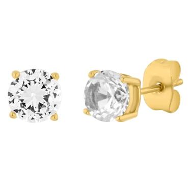 Imagem de Brincos masculinos de aço inoxidável com acabamento amarelo redondo safira branca sintética, Metal, Diamante sintético