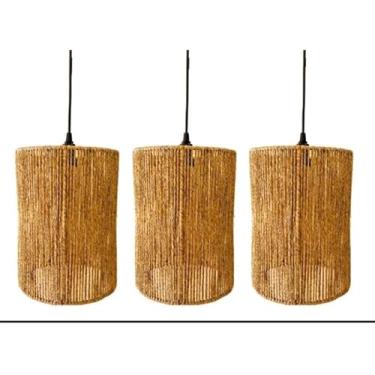 Imagem de kit 3 luminárias pendente de teto de palha de milho natural 30x18cm - Decoração Sustentável