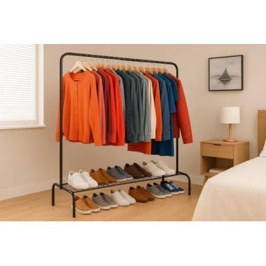 Imagem de Cabideiro Arara Chão Com Sapateira Moderno Loja Quarto Preto - Lar Tex