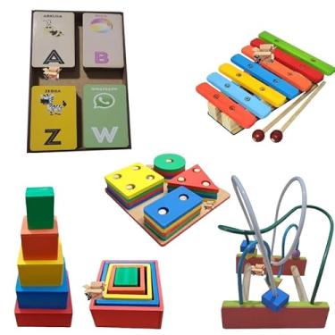 Imagem de Kit Brinquedo Pedagógico Em Madeira Xilofone + Prancha De Seleção + Aramado M + Cubo + Estojo ou Alinhavos (Kit Estojo Alfabeto I)