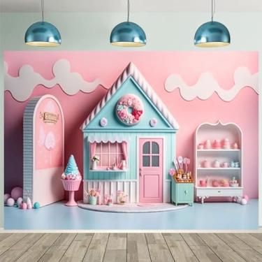 Imagem de Sorveteria rosa fundo de casa de doces para sessão de fotos, decoração de festa de aniversário para crianças, feliz primeiro aniversário, decoração de festa de primeiro aniversário de verão, casa de