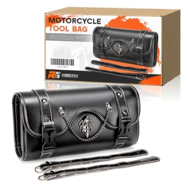 Imagem de Bolsa universal para garfo de motocicleta, bolsa de ferramentas impermeável de couro PU preto para guidão de garfo dianteiro, bolsa Sissy Bar com decoração de corrente de crânio vintage