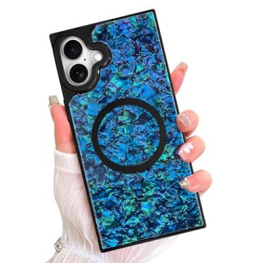 Imagem de AIGOMARA Capa retangular magnética para iPhone 16, compatível com Magsafe Luxury Sparkle Opalescent Pearl para mulheres meninas capa protetora com glitter brilhante com protetor de tela, azul