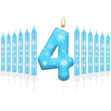 Imagem de Conjunto de 13 velas de aniversário com tema de Frozen branco e azul - velas azuis com número de flocos de neve, decorações temáticas de floco de neve, suprimentos de festa para meninas (número 4)