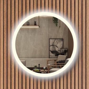 Imagem de Espelho Redondo Borda infinita 3 Tons de LED Grande de parede moderno jateado lapidado decorativo iluminação Botão Sensor touch screen - 3 cores de Luz LED QUENTE, NEUTRO E FRIO (30x30cm)