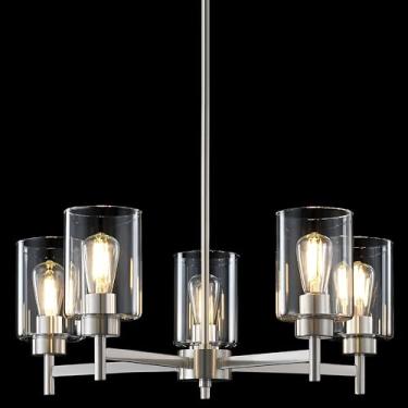 Imagem de Doraimi Lighting Luminária pendente de teto com 5 luzes de vidro transparente, estilo clássico, acabamento em níquel escovado, para sala de reuniões, sala de jantar, sobre mesa, sala de estar