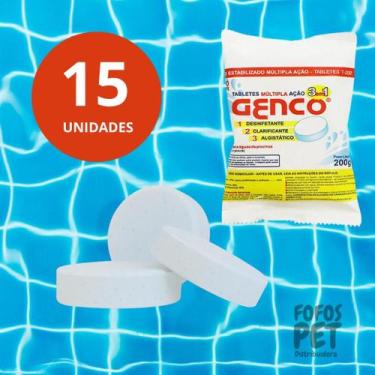 Imagem de Kit 15 Pastilhas Cloro Multiação Genco 3 em 1 Para Piscinas