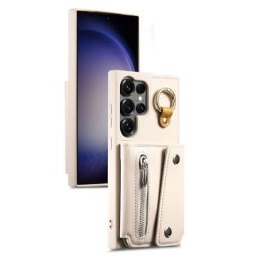 Imagem de HAOMRIYL Capa de couro para Samsung Galaxy S25 Ultra/S25 Plus/S25, capa carteira com compartimento para cartão com zíper, função de suporte, capa protetora de anel de dedo, branca, S25plus