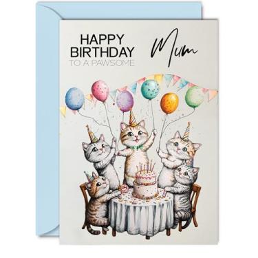 Imagem de Cartão de aniversário da mãe - Balões de gatos de festa pawsome - Cartão de feliz aniversário para mãe de filho filha, cartões comemorativos de aniversário de gato fêmea A5