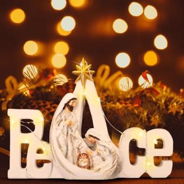 Imagem de Soaoo Presépio de Natal com cordão de luzes de LED Conjunto de Presépio Sagrada Família Manjedoura Decoração de Natal Decoração de Iluminação para Mesa Interior Manto Lareira (Paz)